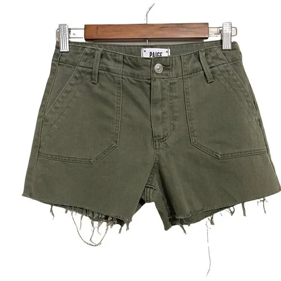 Paige Women's NWOT Vintage Ivy Green Raw Hem Mayslie Utility Jean Shorts Size 31 - Picture 2 of 8